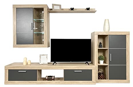 Homey - Mueble de Salón Moderno con Leds, Módulos de Comedor, Modelo Freim, Acabado en Cambria y Grafito, Medidas: 259 cm (Ancho) x 132,5 cm (Alto) 40 cm (Fondo)