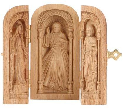 MSUIINT Handgeschnitzte Tragbare Kirche, Tragbare Heilige-Familien-Box, Hölzerner Katholischer Altar für Zuhause, Kleine Handgeschnitzte Holzkiste, Christlicher Altar, Religiöses Geschenk(Braun)