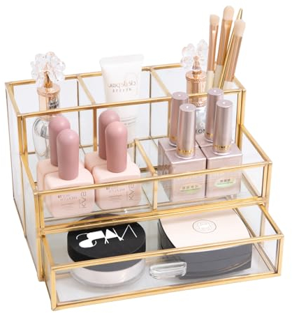 HARLIANGXY Kosmetik Organizer mit schubladen, Make up Organizer Gold, Make up Pinselhalter Glas, Beauty Organizer, Schminke Behälter, Kosmetikbox, Cosmetic Organizer, Schmink Aufbewahrung