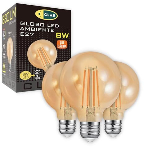 CLAR - LED Vintage Glühbirne E27 G95 8W 2500K, Edison Retro Leuchtmittel (Pack 3)