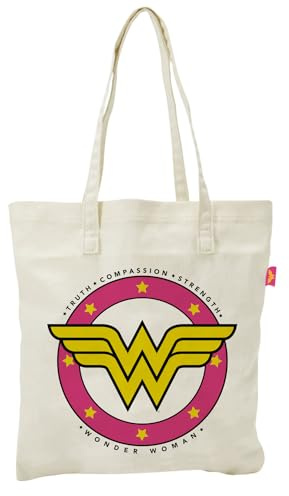 ARDITEX – Baumwoll-Tote-Bag 37x41 cm – Klassisches Wonder Woman Logo in Rosa und Gelb – Umweltfreundlich und wiederverwendbar – Offizielles DC Comics Lizenzprodukt