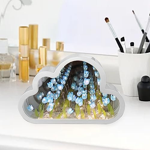 Wolke Tulpenspiegel Nachtlicht,Wolke Tulpe DIY Lampe,2-in-1-Wolken-Tulpenspiegel-Nachtlicht, Romantische Nachttischlampen-Dekoration, LED Blumen-Nachtlicht für Freunde, Mädchen, Paare (Blau)