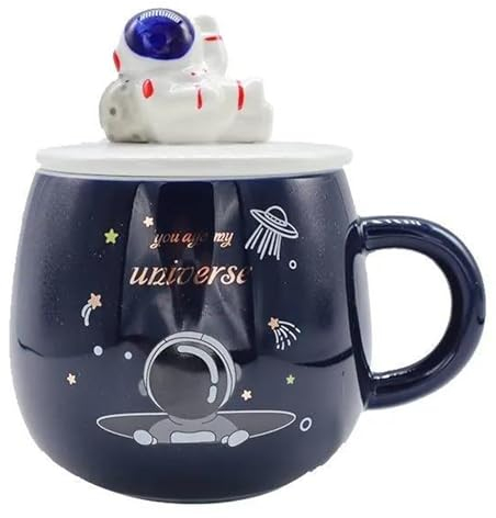 ZONSUSE Divertida Taza Espacio,Tazas de Café Astronauta,Taza de UFO Kawaii,Tazas Desayuno con Tapa y Cuchara,Regalo Original para Hombres Mujeres Niños Amantes del Espacio 450ml (D)