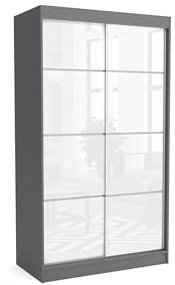 Brent - Kleiderschrank Schiebetüren July, 100cm Breit, Schlafzimmerschrank mit 1 Kleiderstange und Einlegeböden für Kleidung, Kleiderschrank Grau Matt/Weiß Hochglanz