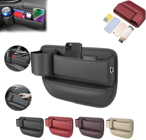 Car Leather Cup Holder Gap Bag Seat Gap Storage Box Adjustable Car Seat Storage Box Leather Cup Holder Gap Bag with Cup Holder for Phones Glasses Keys Cards (Black,Driver's Seat)