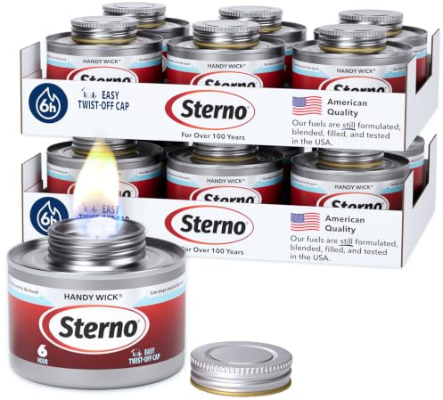 Sterno Fuel Cans - 6-Hour Burn, (12-Pack) Professional Safe Warmers for Food Trays & Buffet Set Chafing Dishes - Reusable Gel Burners, Twist Chafer Canned Heat, Handy Wick