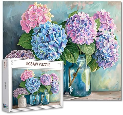 Tucocoo Hortensien-Puzzles für Erwachsene, 1000 Teile, Blumenvase, Vase, Vintage-Kunst-Puzzle, bunt, DIY-Bastelpuzzles für Heimdekoration, Geschenke, Familienpuzzle, perfekt für Spieleabende