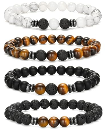 Lucktao 4 Stück Perlenarmband Herren, Stretch Armband Mit Schwarzen 8mm Lavastein Onyx Perlen-Naturstein-Tigerauge, Verstellbares Men Bracelet