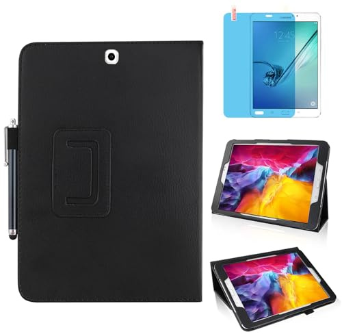 Custodia per Samsung Galaxy Tab A 9.7 Inch 2015 (SM-T550 T555 P550 P555),Sottile Pelle Multi-angli Stand Protezione totale Tablet Cover Caso Con Penna Stilo, Pellicola Per Schermo (Black)