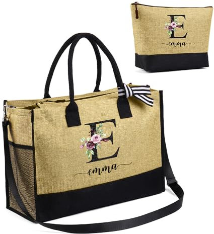 Personalisierte Damen Tote Bag mit Namen Große Tragetasche Strandtasche Einkaufstasche Mit Reißverschluss Geschenk für Damen Weihnachten Geburtstag Muttertag Hochzeit (A)