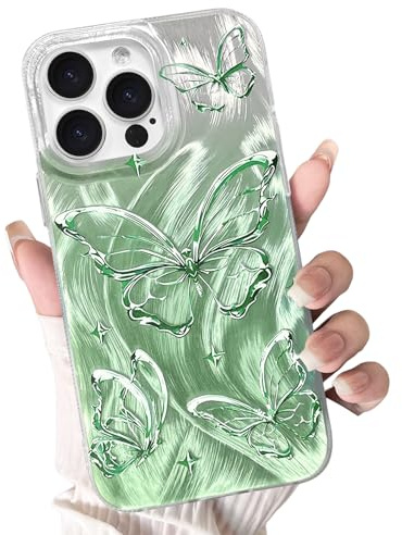 NITITOP Compatible for iPhone 12 Pro Max Case Cute Butterfly Pattern for Women Girl Glitter Laser Shiny Feather Yarn Style Aesthetic Shockproof Hard Protective Phone Cover - Green
