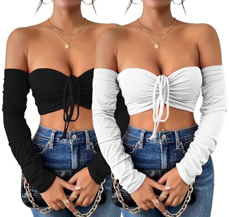 Belriviere Women 2 Pack Crop Tops Sexy Off The Shoulder Long Sleeve Blouse Going Out Nightout Shirt with Front Tied Strap L Black White