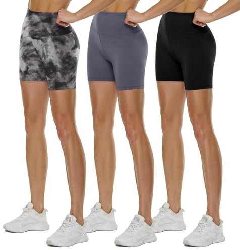 TNNZEET 3er Pack Radlerhose Damen High Waist Sommer Shorts Blickdicht Kurze Sporthose Leggings Hotpants Unter Kleider für Sport Yoga(Schwarz/Dunkelgrau/Bedruckter Tie-Dye, L-XL)