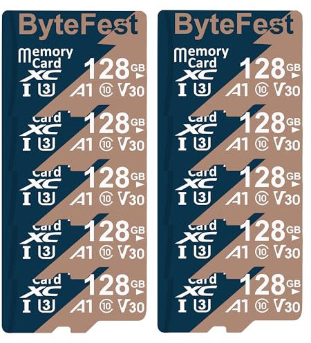 ByteFest 10 Stück 128 GB Micro-SD-Karte mit 10 Adaptern UHS-I U3 TF-Karte, C10, V30, 4K UHD Video, A1, microSDXC Flash-Speicherkarte für Überwachung, Sicherheitskameras, Drohnen-Spielekonsolen