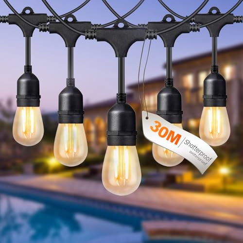 BRIMAX LED Lichterkette Außen, 30 Meter mit 30 Stück S14 Glühbirnen, AC220-240V Strom, 2700K Warmweiss, IP44 Wasserdicht, 2W pro Glühbirne, Außenbeleuchtung für Garten, Party, Hochzeit, Camping