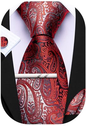 Barry.Wang Herren Seiden-Paisley-Krawatten mit Taschentuch Manschettenknopf Krawattenset Feierliche Hochzeit 3PCS