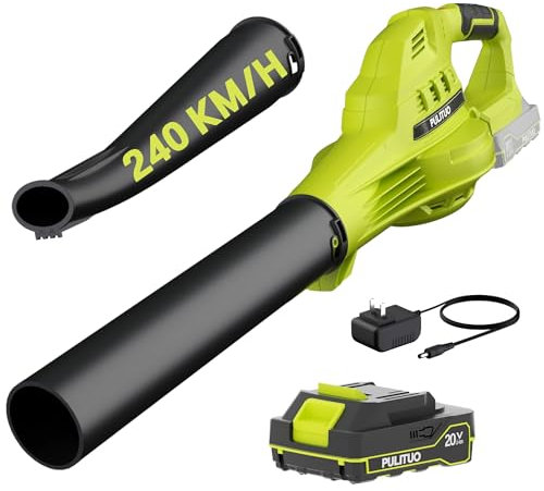 Soffiatore elettrico a batteria, 20 V, senza fili, con batterie e caricabatterie, 240 km/H, 3 velocità, 17000 giri/min, leggero soffiatore per la cura del prato, patio cortile, auto, fogliame e erba