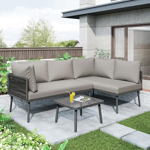 Zepneiy Gartenmöbel Set Lounge Möbel Outdoor, L-förmiges Gartenmöbel-Set mit 2 Sofas und 1 Tisch, Balkonmöbel Gartensofa aus Eisen und grauem Seil mit Sitzkissen verstellbaren Füßen, Grey