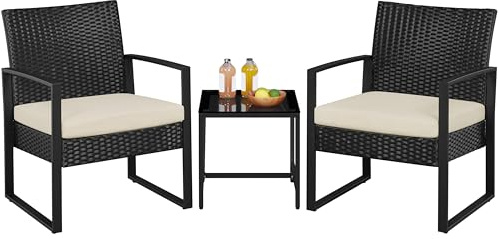 Yaheetech Salon de Jardin Exterieur 2 Fauteuils en Poly Rotin et 1 Table | Mobilier Fauteuils de Jardin avec Coussins, Plateau en Verre Trempé pour Balcon/Bar/Bureau Noir/Beige