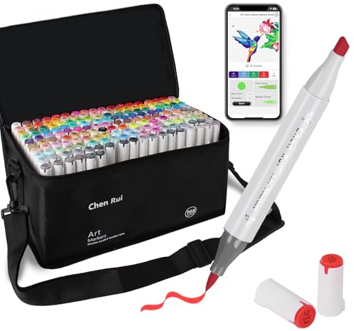 Chen Rui 168 Colours Alcohol Markers with Free App, Alcohol Pens for Adults | Brush and Chisel Tip | Broad Coverage, Fine Detailing | Blendable | Vibrant Colours | For Anime Manga Drawing and Sketching