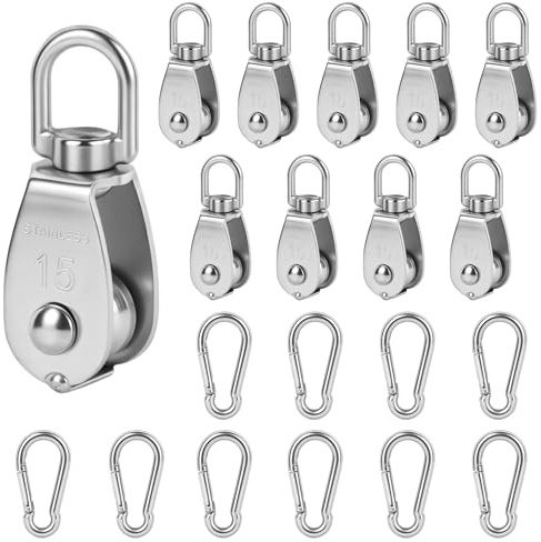 Aramanara 10 Pcs M15 Single Pulley Block, 304 Stainless Steel Pulley Wheel, Swivel Lifting Wire Rope Hanging Wire Towing Wheel with 10Pcs Spring Snap Hook for Home Washing Line Gym