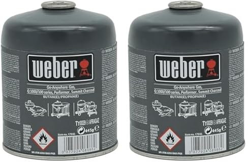 Weber Gas Cartridge - Disposable for Butane/Propane Gas, ideal Q 100/1000, Go-Anywhere Gas, Traveler, Sumit Charcoal & Performer Series, 3-4 hours burning time (17846) (Pack of 2)