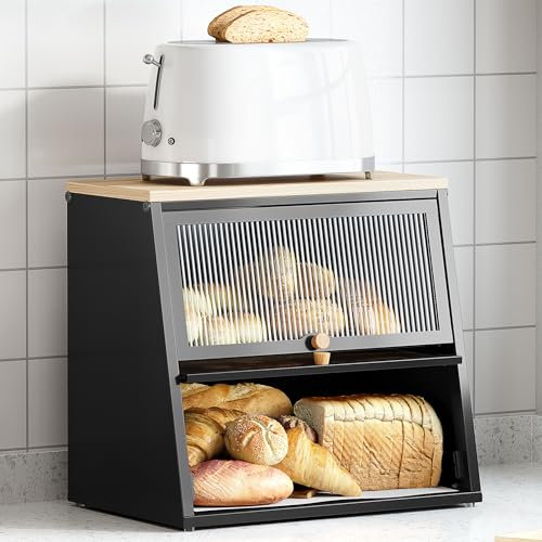 Urackify Large Bread Bin for Kitchen Storage Black Bread Box | Bread Storage Containers | Breadbin with Striped Window, Wood Handle & Removable Layers | Biscuits & Pantry Items