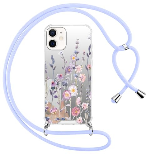 Saqmkil Funda con Cuerda para iPhone 12/iPhone 12 Pro, Espejo Carcasa con Ajustable Cordon Collar Correa de Cuello Cadena Colgante, Aesthetic Diseño Protector Case para iPhone 12 Pro 6,1'', Flores 03