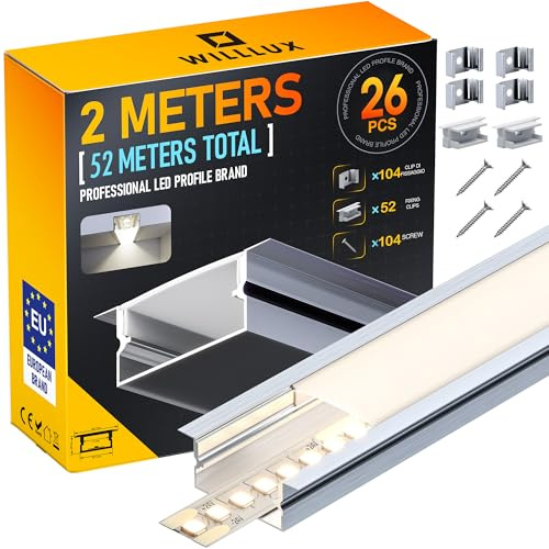 WILLLUX LED Einbauprofil 2m, 26er Set Aluminium Schiene/Kanal 26,7×10 mm, mit Diffusor, passend für Led-Leisten und flexible LED-Streifen <17 mm, perfekt für Trockenbau und Küchenschränke