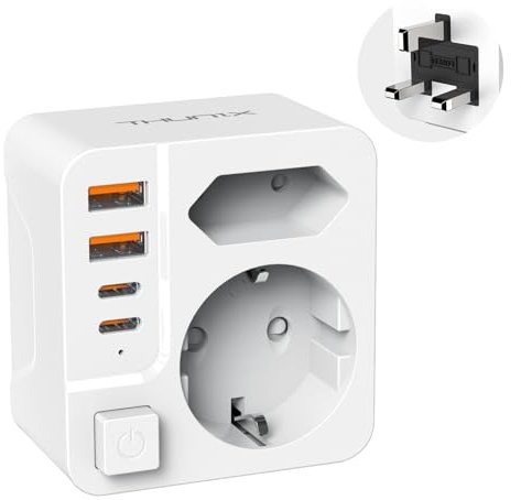 Adaptador Enchufe UK a español, THUNIX Adaptador de Viaje con 2 USB C y 2 USB A, Adaptador Tipo G Europa a 3-Pin Reino Unido para Irlanda Maldivas Dubai Bretaña Singapur HK