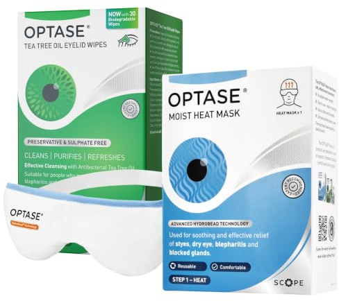Optase Heat & Cleanse Kit For Dry Eyes, Blepharitis, MGD & Styes - Includes Reusable Moist Heat Eye Mask with Hydrobeads & 30 Tea Tree Oil Eyelid Cleansing Wipes.