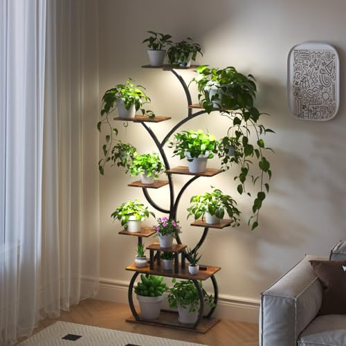 Bonnlo 10-Tiered Rolling Indoor Plant Stand with Grow Lights | 161CM Tall Plant Shelves with Hooks, Metal Flower Stand with Wheels for Indoor, Living room, Corner, Patio
