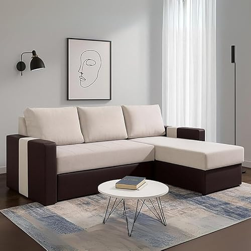Agritrade AK Aden 4 Seater Corner Sofa Bed with Storage and Universal Sleeping Function Light Beige with Brown