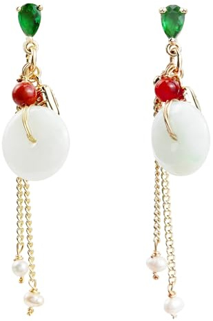 Damen Ohrhänger mit Jade Scheibe und Süßwasserperlen, Elegantes chinesisches Design, Vergoldet beschichtet, Langer Schmuck für Alltag und Anlässe