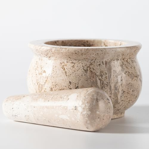 Piedra Viva Luxus Mörser mit Stößel aus echtem Naturstein – Massiv & Handgefertigt – Profi Gewürzmörser für Pesto & Kräuter – Edle Küchendekoration & Geschenkidee (Travertine)