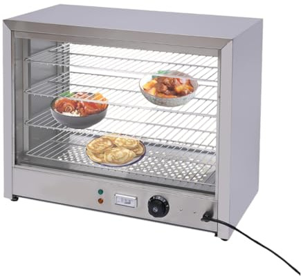 Mqwdxzfex Edelstahl Speisenwärmer 4 Etagen, 800W Gewerblicher Pizza-Wärmer, Elektrisch Warmhaltevitrine, Tisch-Warmhaltegerät für Bäckerei, Kantine, Fast-Food-Restaurant, 30–85°C Temperaturregelung
