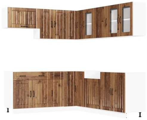Mhdvray 11-Teile Küchenschrank-Set Lucca Altholz-Optik, Holz/Glas, 80×46×81,5 cm, Wandbefestigung