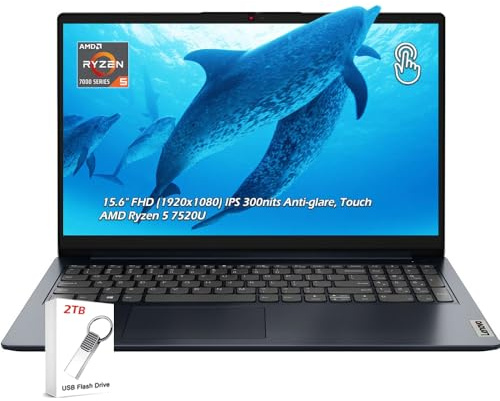 Lenovo IdeaPad 1 15.6 FHD Touch Laptop | AMD Ryzen 5 7520U | AMD Radeon 610M | WiFi6 Bluetooth Win11 Abyss Blue | Long Battery Life | 8GB RAM LPDDR5 2TB SSD | w/2TB Flash Drive | W/GaLiMu