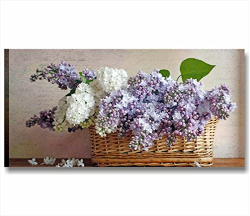 Quadri L&C ITALIA Fiori Vintage 4 - Quadro Shabby Chic Moderno 90 x 45 per Soggiorno Cucina Camera da Letto Bagno Stampa su Tela da Parete Fiori Viola Bianchi