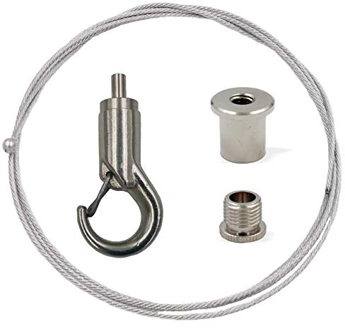 Abhängeset mit Haken für mittlere Lasten | Deckenbefestiger, Schraubkappe Hakenhalter/Drahtseilhalter, Drahtseil Ø1,5mm, Länge 1500mm
