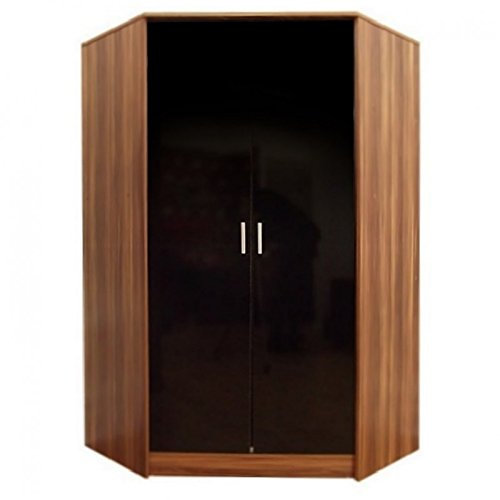 Reflect 2 Door Corner Wardrobe | Black Gloss & Walnut | Bedroom Storage with 2 Hanging Rails & 8 Shelves | H: 180cm x W: 103cm x D: 103cm | Modern Space Saving Design