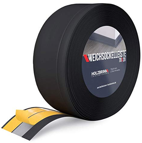 HOLZBRINK Plinthe souple autoadhésive 70x20mm, 15 m | Plinthe PVC pour protéger mur cuisine, finition plan de travail | Cornière PVC | Couleur : noir