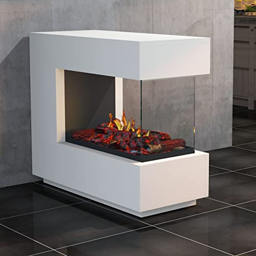 muenkel design loft.line 1100 - C-02 Raumteiler [Design Opti-myst Elektrokamin mit Tankbefüllung]: Betonoptik - Mit Heizung - Kieswanne mit weißen Steinen - mit Scheibe