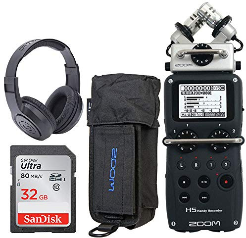 Zoom H5 4-Input / 4-Track Portable Handy Recorder with Interchangeable X/Y Mic Capsule + Zoom PCH-5 Protective Case for H5 + Samson SR350 Over-Ear Stereo Headphones + 32GB 80MB/S Memory Card