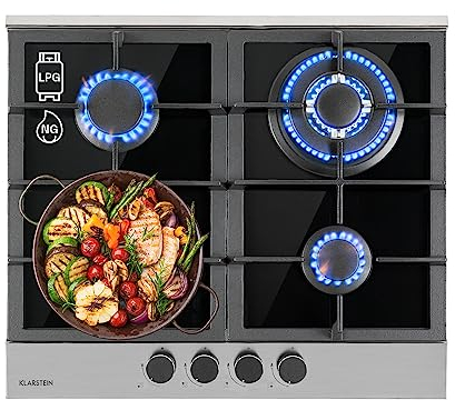 Klarstein Gas Cooker, 4 Burners Gas Hob, 8.0 kW Built In Four Ring Electric Hob, Campervan Cooktops Gas Cookers, Stainless Steel Glass Top Wok Burner, 4 Ring Kitchen Stoves Cooker Gas Burners Units