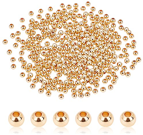 PandaHall 300pcs Glatte Runde Perlen, 3mm 14K Vergoldete Perlen Langlebige Überzogene Kleine Abstandsperlen Nahtlose Kugelperlen Für Armband Halskette Schmuck Handwerk Herstellung