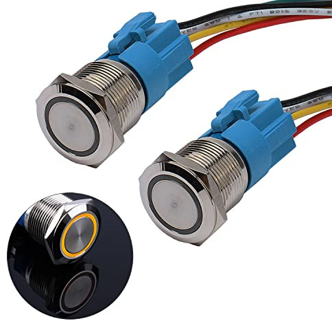 JIQI 2× 19mm 12V bis 24V 3A Latching wasserdicht Druckschalter Metall Ein/Aus Latch Taste Schalter mit LED Kontrollleuchte IP66 1NO1NC selbsthaltend vorverdraht Button Switch für Yacht Caravan (Gelb)