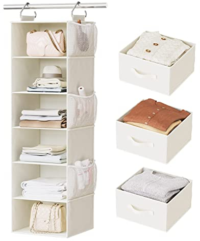Pipishell Hanging Closet Organizer 6-Shelf, Hanging Shelves for Closet with 3 Removable Drawers & Side Pockets, Hanging Shelf Organizer for Bedroom or Garment Rack, 12'' x 12'' x 43.3'', White