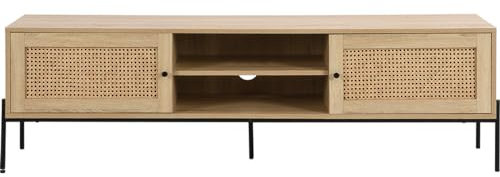 HOMIFAB Meuble TV 2 Portes en cannage Naturel et Effet chêne 160 cm - Iris