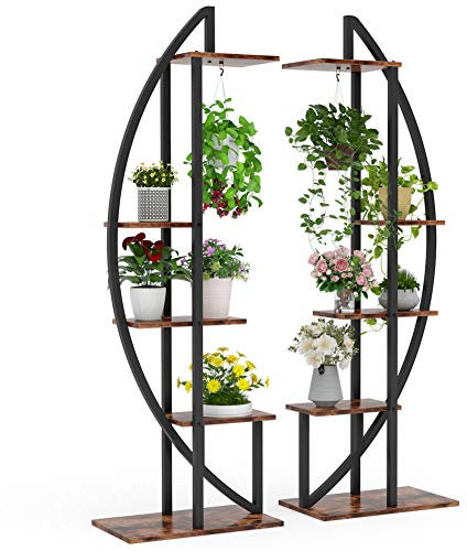 Tribesigns Blumenständer, 2 Stück Pflanzenregal mit 5 Ebenen und 2 Haken, 160cm Hoch Pflanzenständer Metall Blumenregal für Indoor Balkon Boden Blumentreppe Wohzimmer (Braun)